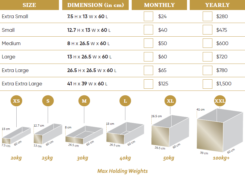 Infographic showing storage sizing and prices